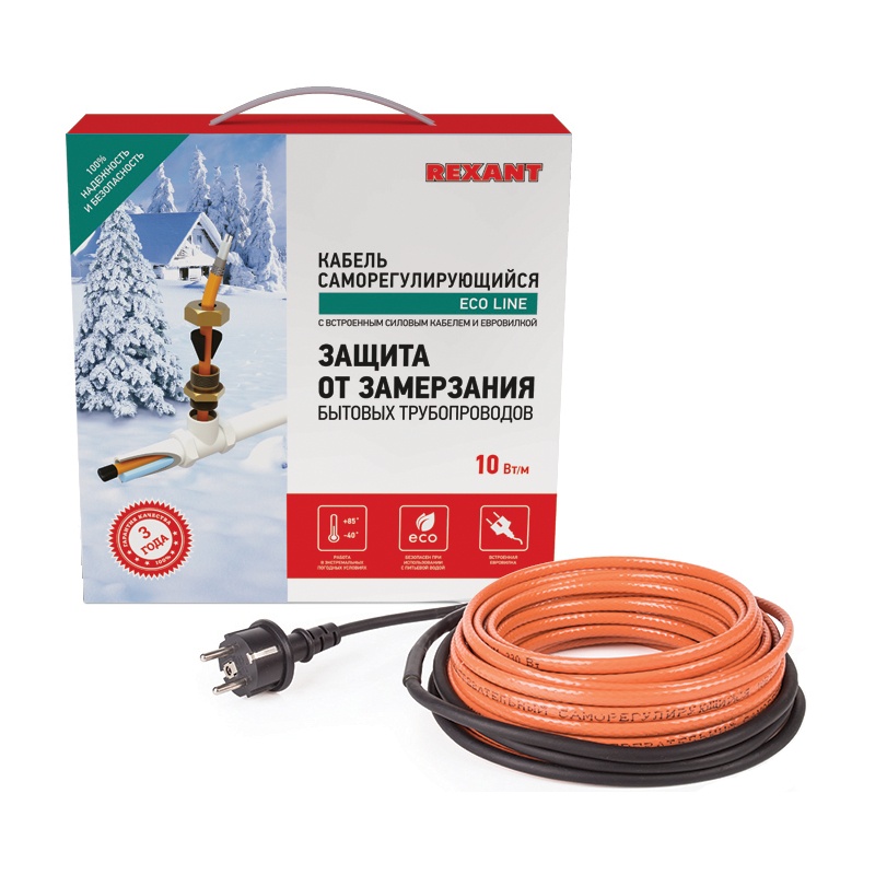 Кабель греющий саморегулирующийся Rexant SRP 10HTM2-CT, для установки в трубу, 10 Вт/м (8 м)