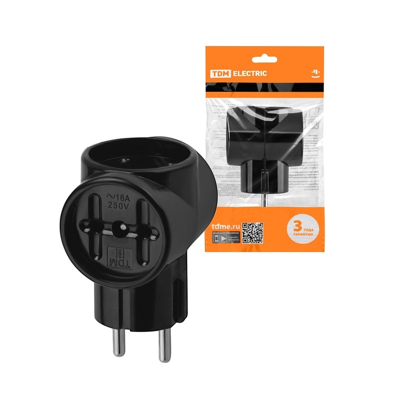 Разветвитель 3 гнезда Ретро, б/з, 16А, 230В, карболит, черный